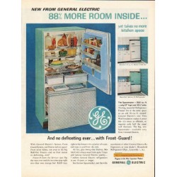 1962 General Electric Refrigerator Ad "no defrosting ever"
